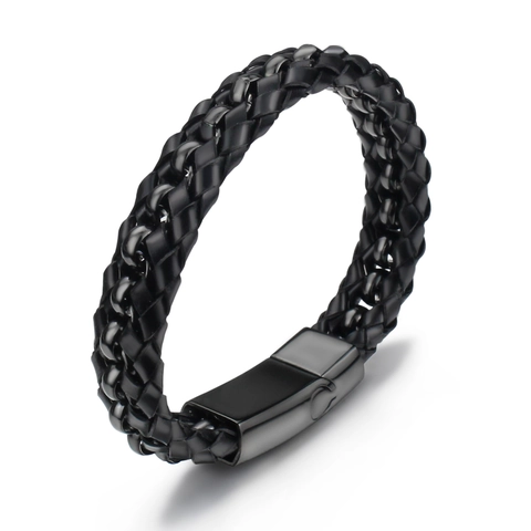 Herren Lederarmband Geflochten Schwarz Mit Edelstahl Magnetverschluss Punk Stil Gewebter Handschmuck Geschenk Für Ihn