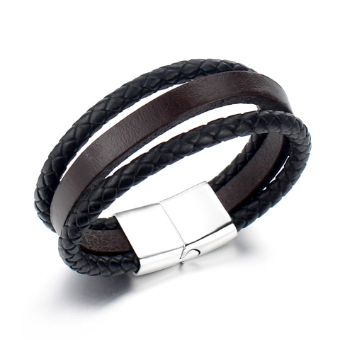 Pulsera Minimalista de Cuero Trenzado de Triple Capa para Hombre Con Cierre Magnético de Acero Inoxidable Joyería de Mano