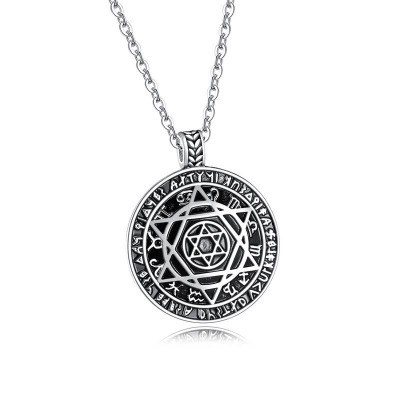 Collana con Pendente Rotondo Stella di David Esagramma Vintage Acciaio Inossidabile Simboli Zodiacali Gioielli Religiosi Uomo