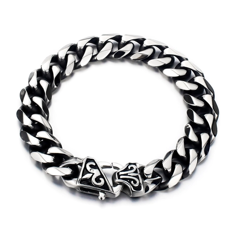 Heren Zware Titanium Staal Cubaanse Schakel Armband Retro Gotisch Gegraveerde Sluiting Punk Rock Biker Sieraden Zilver