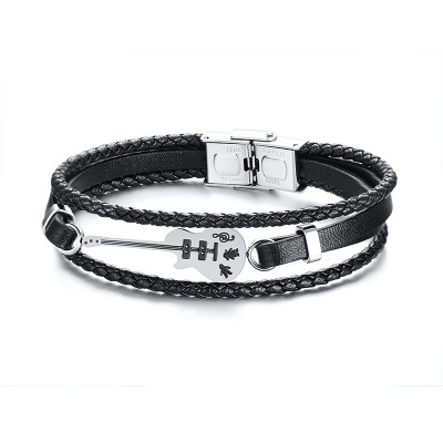 Pulsera de Cuero Multicapa para Hombre Con Colgante de Guitarra de Acero Inoxidable Nota Musical Estilo Punk Rock Joyería
