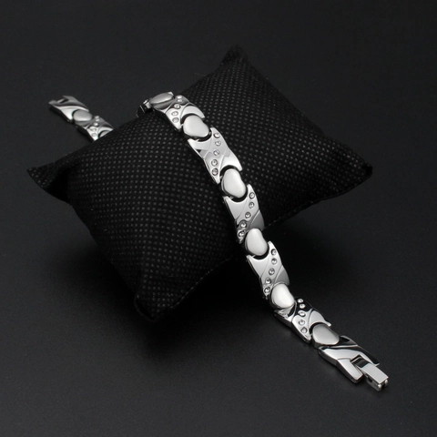 Women Stainless Steel Magnetic Therapy Bracelet Heart Shaped Link Rhinestone Inlaid Health Care Fashion Jewelry Silver Gift