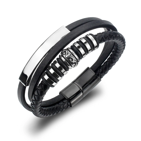 Pulsera de Cuero Multicapa para Hombre Vintage Cordón Trenzado Cierre Magnético de Acero de Titanio Joyería Punk