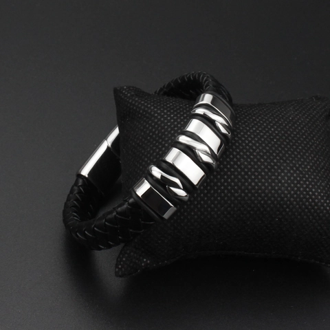 Men Punk Leather Bracelet Minimalist Braided Stainless Steel Ornaments Magnetic Clasp Fashion Bangle Jewelry Accessories