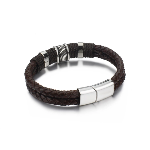 Bracciale Intrecciato in Pelle Uomo Vintage Con Chiusura Magnetica in Acciaio Inox Marrone Multistrato Regalo Gioielli