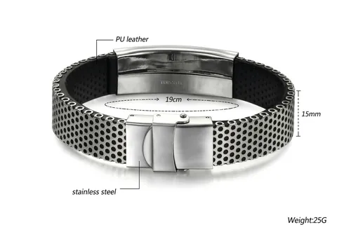 Bracelet Homme en Acier Inoxydable et Cuir PU Design Industriel Moderne Jonc Maille Ajourée Bijoux de Mode pour Hommes