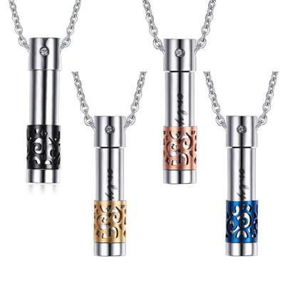Cylindrical Stainless Steel Urn Pendant Necklace For Ashes Perfume Rhinestone Inlaid Openable Memorial Jewelry For Men Women