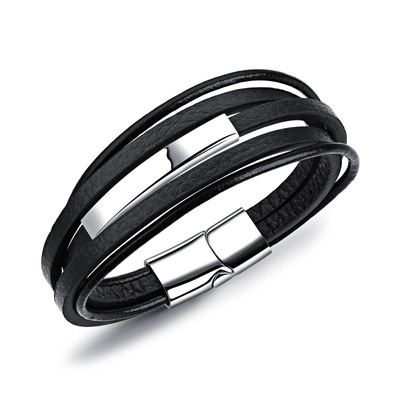 Pulsera de Cuero Multicapa Vintage para Hombre con Barra de Acero Inoxidable Cierre Magnético Muñequera Trenzada Punk Joyería Regalo
