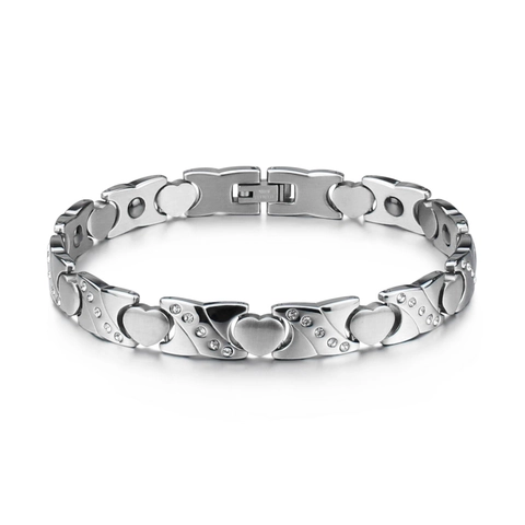 Women Stainless Steel Magnetic Therapy Bracelet Heart Shaped Link Rhinestone Inlaid Health Care Fashion Jewelry Silver Gift