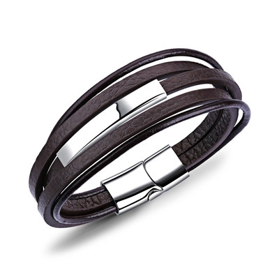 Pulsera de Cuero Multicapa Vintage para Hombre con Barra de Acero Inoxidable Cierre Magnético Muñequera Trenzada Punk Joyería Regalo