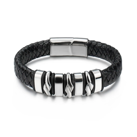 Men Punk Leather Bracelet Minimalist Braided Stainless Steel Ornaments Magnetic Clasp Fashion Bangle Jewelry Accessories