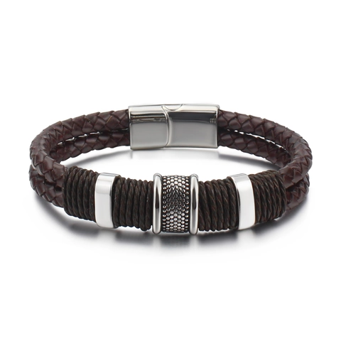 Bracciale Intrecciato in Pelle Uomo Vintage Con Chiusura Magnetica in Acciaio Inox Marrone Multistrato Regalo Gioielli