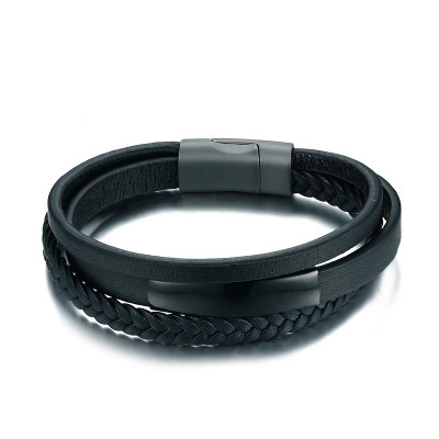 Pulsera Multicapa de Cuero Trenzado para Hombre Con Cierre Magnético de Acero Inoxidable Cepillado Negro Joyería Urbana