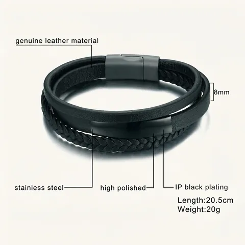 Pulsera Multicapa de Cuero Trenzado para Hombre Con Cierre Magnético de Acero Inoxidable Cepillado Negro Joyería Urbana