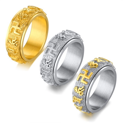 Anello Spinner in Acciaio Inossidabile da Uomo Rotante con Simbolo di Scrittura Religiosa Anello a Fascia Stile Etnico