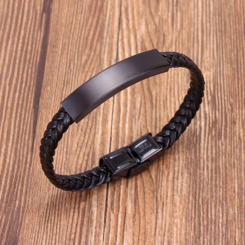 Men's Fashion Woven PU Leather Bracelet Titanium Steel Magnetic Clasp Black Braided Punk Hand Cuff Wristband Jewelry Gift