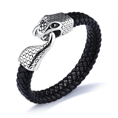 Bracciale da Uomo in Vera Pelle Vintage Con Chiusura a Testa di Serpente in Acciaio Inossidabile Intrecciato Stile Punk Gioielli