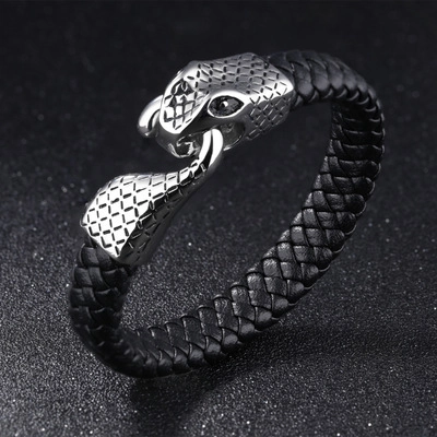 Bracciale da Uomo in Vera Pelle Vintage Con Chiusura a Testa di Serpente in Acciaio Inossidabile Intrecciato Stile Punk Gioielli