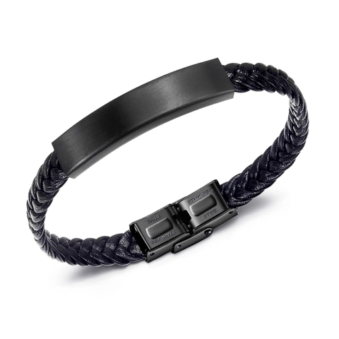 Men's Fashion Woven PU Leather Bracelet Titanium Steel Magnetic Clasp Black Braided Punk Hand Cuff Wristband Jewelry Gift