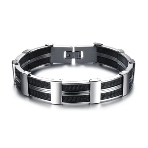 Pulsera Minimalista Hombre Acero Inoxidable Silicona Acabado Pulido Patrón Griego Geométrico Estilo Industrial Joyería Hombre