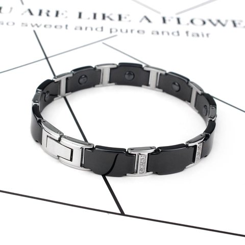 Men's Fashion Stainless Steel Magnetic Health Bracelet Black Ceramic Rhinestone Inlaid Link Chain Bracelet For Men Jewelry