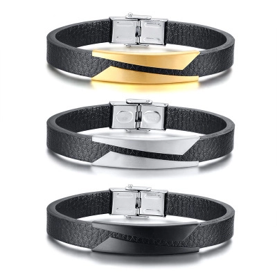 Bracciale da Uomo in Acciaio Inossidabile e Pelle Microfibra a Piastra Curva Geometrica per Uomo Gioielli Casual Quotidiani Regalo