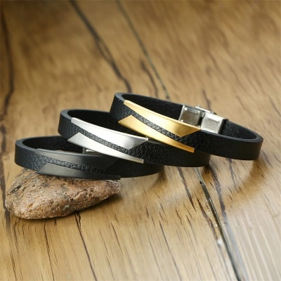 Bracciale da Uomo in Acciaio Inossidabile e Pelle Microfibra a Piastra Curva Geometrica per Uomo Gioielli Casual Quotidiani Regalo
