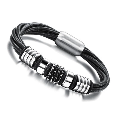 Bracciale in Pelle Intrecciata da Uomo Con Perle in Acciaio Inossidabile Cordino Multistrato Chiusura Magnetica Stile Punk Retrò