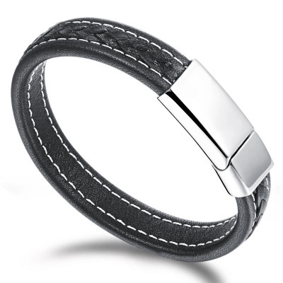 Herren Punk Rock Geflochtenes Lederarmband Mit Edelstahl Magnetschnalle Kontrastnähte Casual Schmuck Schwarz Silber