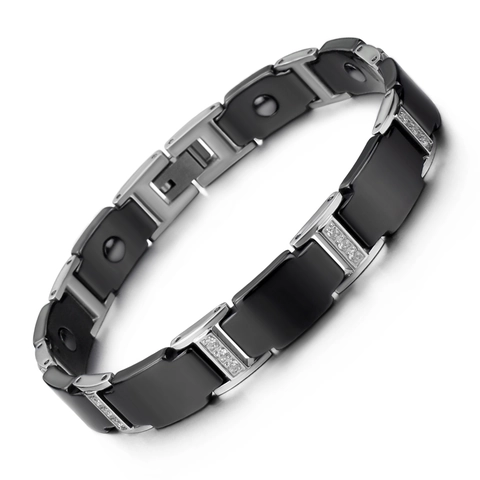 Men's Fashion Stainless Steel Magnetic Health Bracelet Black Ceramic Rhinestone Inlaid Link Chain Bracelet For Men Jewelry