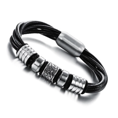Bracciale da Uomo Vintage in Pelle Nera Multistrato Acciaio Inossidabile Perle Incise Geometriche Chiusura Magnetica Gioielli