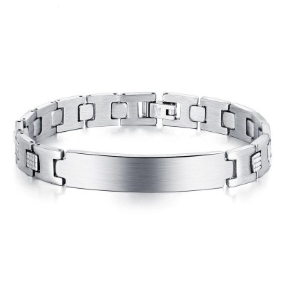 Men Stainless Steel ID Plate Bracelet Polished Brushed H-Link Chain Rhinestone Inlaid Fashion Jewelry Silver Color Biker