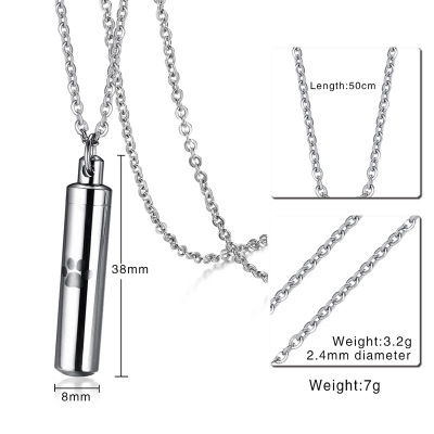 Stainless Steel Paw Print Memorial Cremation Urn Pendant Necklace Cylindrical Pet Ashes Keepsake Jewelry For Men Women