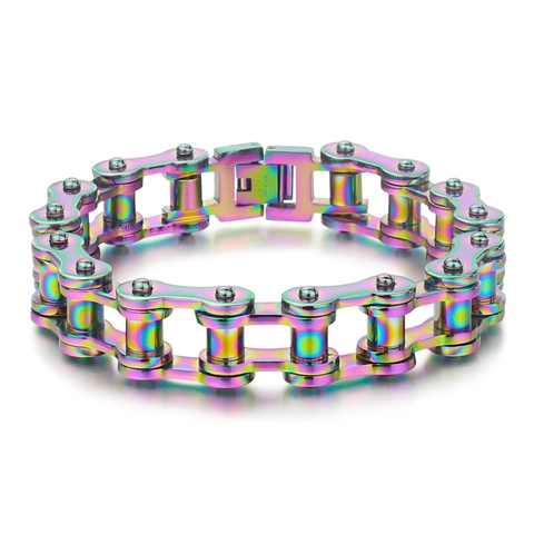 Bracciale da Uomo in Acciaio Inossidabile a Catena di Bicicletta Arcobaleno Punk Industriale Moto Gioielli di Moda