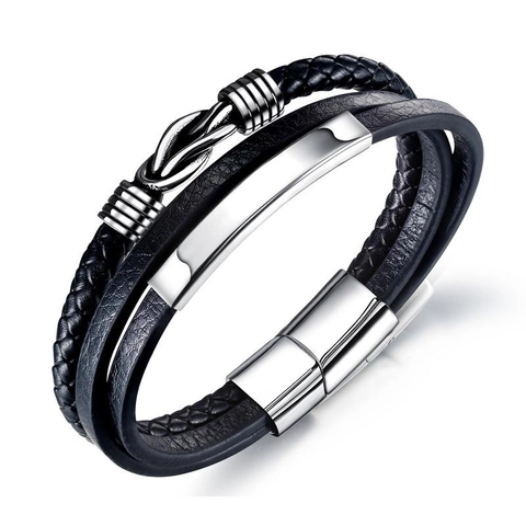 Bracciale da Uomo Multistrato in Pelle Intrecciata Chiusura Magnetica in Acciaio Inossidabile Gioielli Geometrici Nero Argento