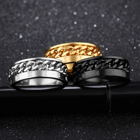 Bague Chaîne Rotative Acier Inoxydable Titane Chiffres Romains Spinner Band Style Punk Hip Hop Pour Hommes Unisexe