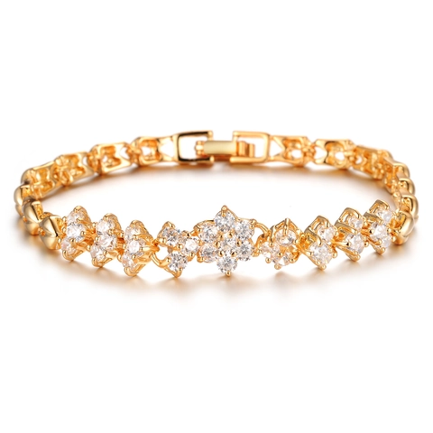 Lussuoso Bracciale da Sposa in Rame Placcato Oro a Fiori per Donna Zirconia AAA Intarsiata Geometrica Gioielli per Nozze