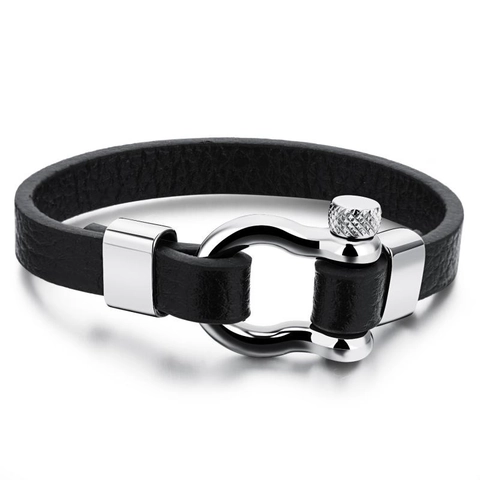 Herren Lederarmband Mit Hufeisen Schnalle Aus Edelstahl Schwarz Litschi Textur Lässiger Neutraler Stil Schmuck