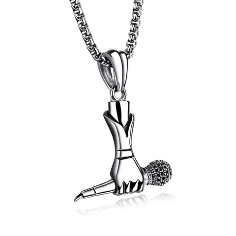 Stainless Steel Hand Holding Microphone Pendant Necklace Hip Hop Punk Rock Style Jewelry For Music Lovers Gift