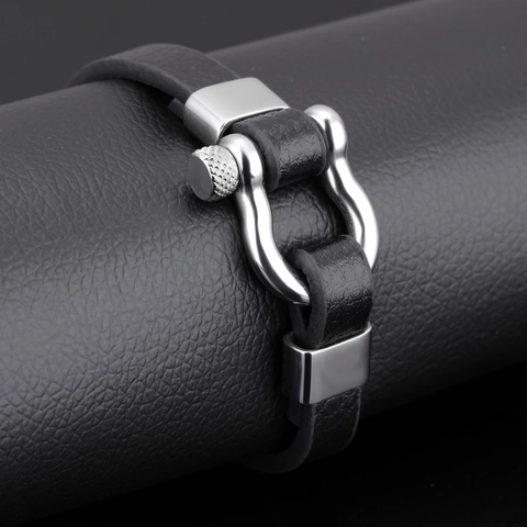 Herren Lederarmband Mit Hufeisen Schnalle Aus Edelstahl Schwarz Litschi Textur Lässiger Neutraler Stil Schmuck