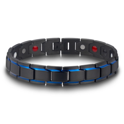 Bracciale a Maglie Magnetiche in Acciaio al Titanio alla Moda per Uomo Design Geometrico Contrasto Blu Nero