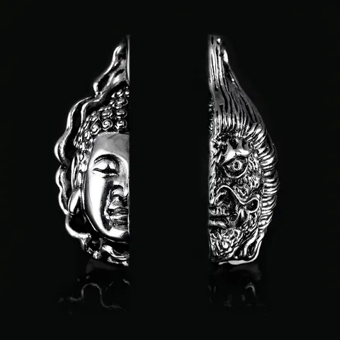 Men's Retro Titanium Steel Buddha Demon Double Sided Pendant Necklace Gothic Religious Jewelry Two Tone Bold Relief Chain Necklaces