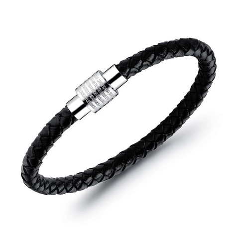 Bracciale da Uomo in Pelle Intrecciata Vintage Con Chiusura Magnetica in Acciaio Inossidabile Gioielli Religiosi Incisi