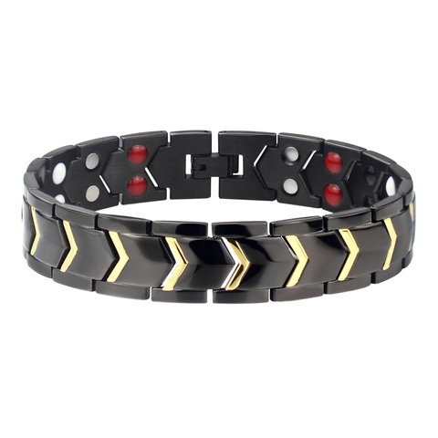 Bracciale per Magnetoterapia in Acciaio al Titanio da Uomo Nero Oro Motivo Chevron Bracciale a Catena per la Salute NBF962