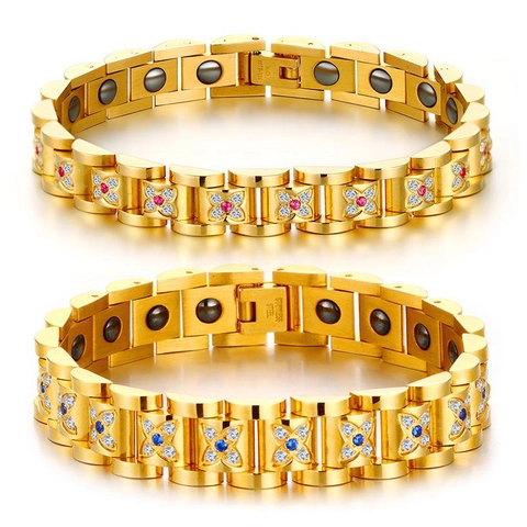 Edelstahl Magnetfeldtherapie Armband Für Paare Vergoldet Strass Blume Eingelegt Gesundheit Schmuck Handkette