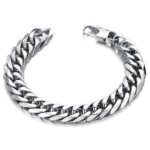 Men's Titanium Steel Cuban Link Bracelet Silver Color Hip Hop Polished Curb Chain Jewelry With Square Buckle For Men Boys Gift