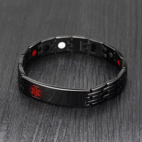 Bracciale da Uomo in Acciaio Inossidabile Nero per Allerta Medica Magnetoterapia Simbolo Stella della Vita Gioielli Salute