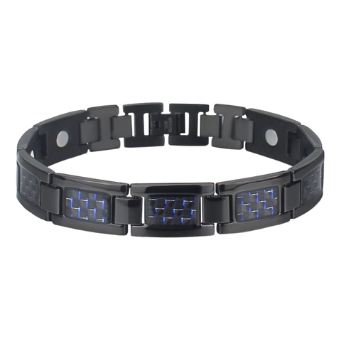 Pulsera Magnética de Acero Inoxidable para Hombre Fibra de Carbono Azul Negro Pulsera de Eslabones Geométricos Salud Regalo