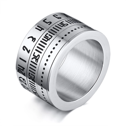 Men Titanium Steel Spinner Ring Arabic Numerals Rotatable Worry Ring Stress Relief Polished Mechanical Style Wide Band Ring Jewelry