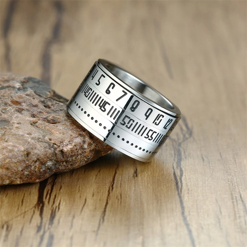 Men Titanium Steel Spinner Ring Arabic Numerals Rotatable Worry Ring Stress Relief Polished Mechanical Style Wide Band Ring Jewelry